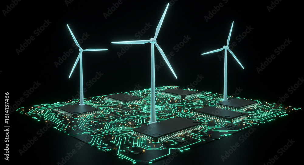 Poster wind turbines on a circuit board with chips showcasing renewable energy technology integration conce