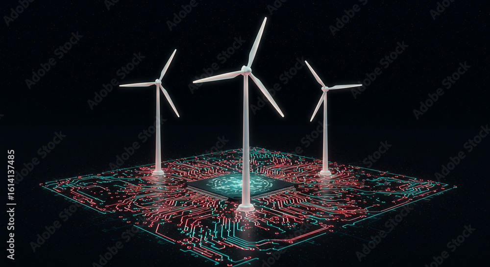 Poster three wind turbines on a circuit board with a glowing central chip in a dark background setting
