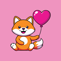 Cartoon orange fox sits while holding a pink heart shaped balloon happily on pink background