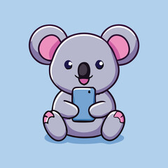Fototapeta premium Cartoon koala is seated and cheerfully holds a blue mobile phone against light blue background