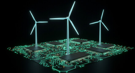 Wind turbines on a circuit board with chips showcasing renewable energy technology integration concept
