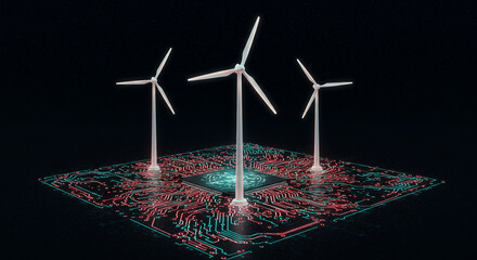 Three wind turbines on a circuit board with a glowing central chip in a dark background setting
