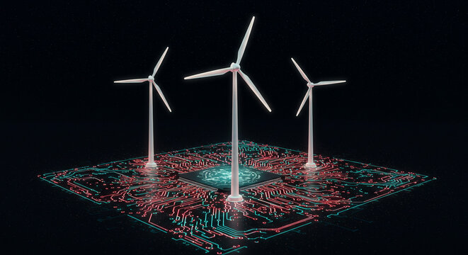 Three wind turbines on a circuit board with a glowing central chip in a dark background setting