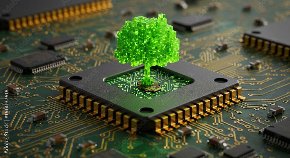 Poster a green pixelated tree growing out of a microchip on a circuit board with other electronic component