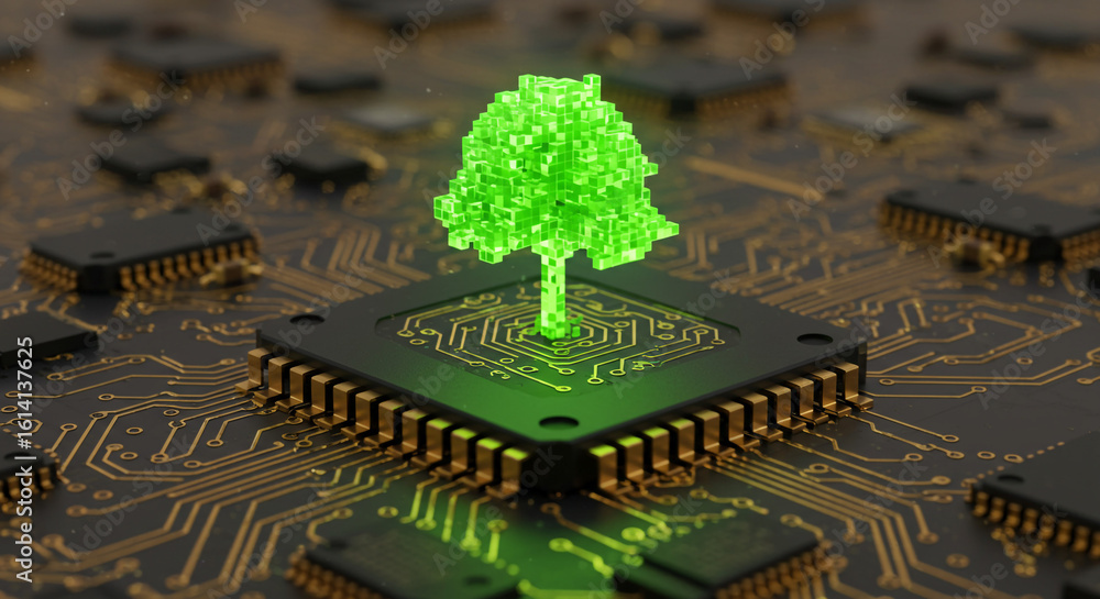 Aufkleber a pixelated green tree growing out of a microchip on a circuit board with other chips around it
