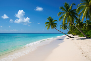 Wide angle photograph pristine tropical beach soft white sand turquoise water gentle waves palm trees leaning to sea bright sunny sky fluffy clouds no people peaceful inviting atmosphere