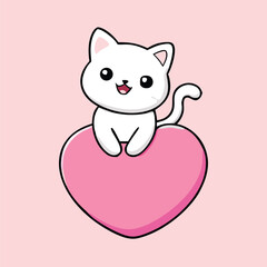 Cheerful cartoon white kitten comfortably sits atop a fluffy pink heart against a soft pink backdrop