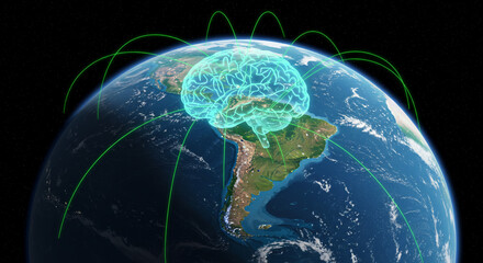 A glowing brain above the earth with green lines connecting to the globe on a black background