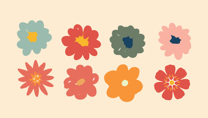 Hand drawn flowers vintage set decor icon.
