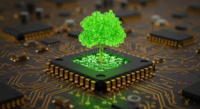 A glowing green pixelated tree growing from a computer chip on a circuit board background view close up