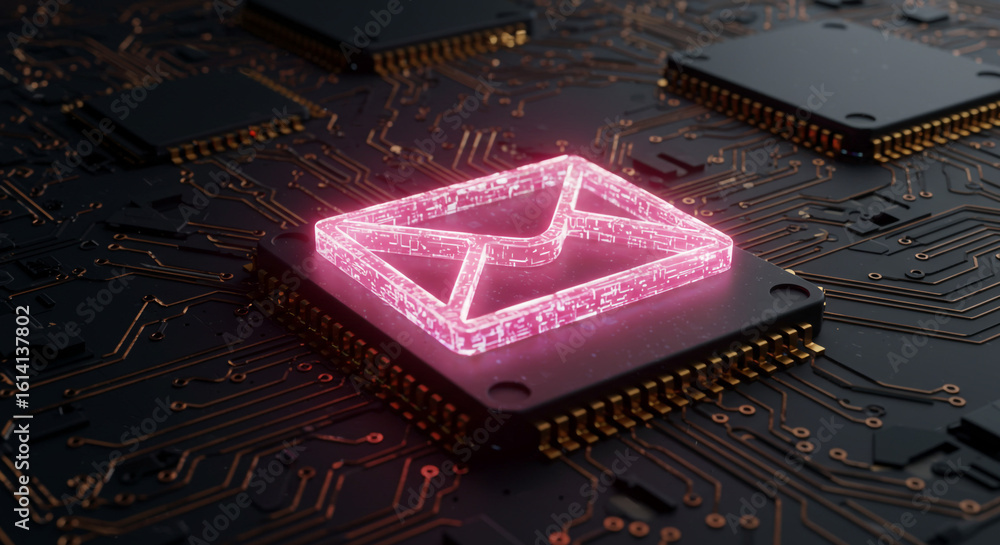 Poster illuminated pink email icon on a microchip with visible circuits and other microchips around it