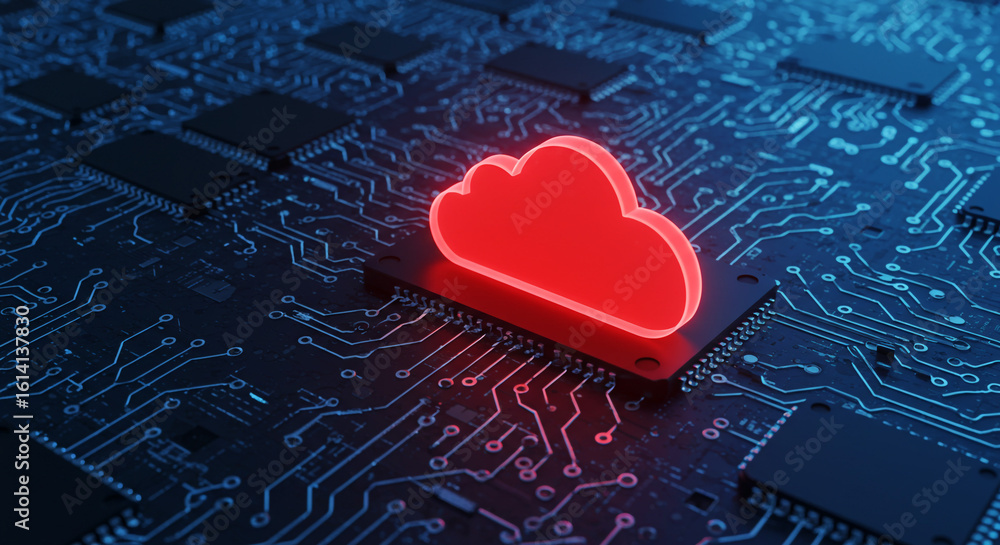 Poster red cloud symbol atop a computer chip on a circuit board with electronic components around it