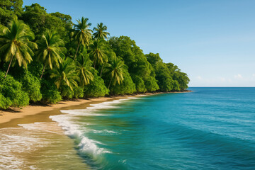 Tropical island shoreline dense green jungle bright blue ocean sunlit waves lush palm trees untouched unspoiled natural beauty no people no boats no buildings high resolution scenic
