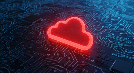 A red cloud icon glowing on a dark blue circuit board with visible traces and connections in detail