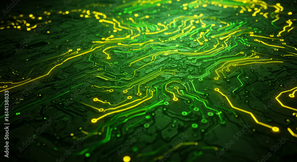 Poster a detailed close up of a green and yellow circuit board with intricate glowing patterns and connecti