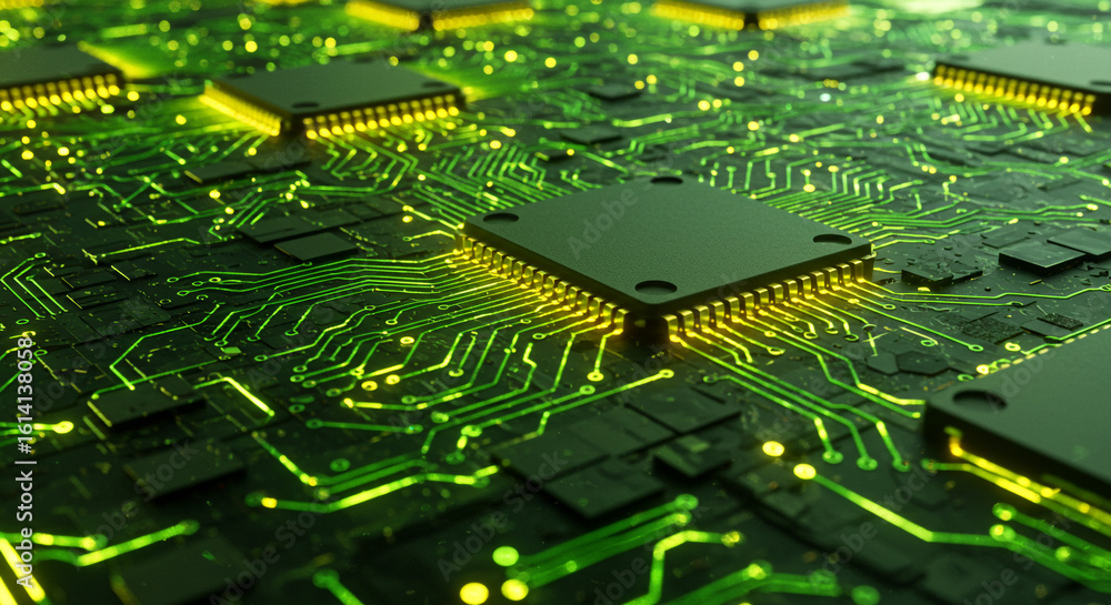 Poster a close up view of a circuit board with chips and glowing green pathways in a dark setting