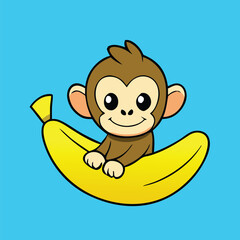 Fototapeta premium Cheerful monkey smiles while relaxing inside a bright yellow banana against a teal background