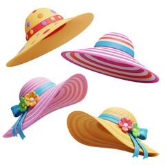 3D cartoon colorful summer hats set isolated on transparent background, PNG file add