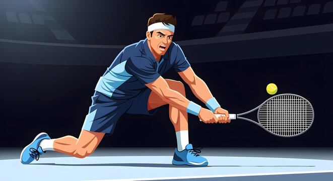 Tennis player in dynamic action, poised to hit a ball on a court.
