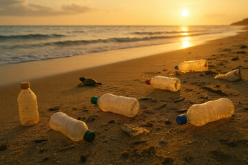 Empty beach shoreline littered with plastic bottles debris turtle hatchling crawling to ocean golden hour lighting high resolution environmental concept symbolic editorial pollution