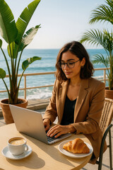 Stylish woman working remotely laptop seaside cafe terrace ocean view morning light tropical plants coffee croissant candid lifestyle vibrant natural color palette photorealistic scene