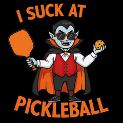 Cartoon vampire holding pickleball paddle and ball with sunglasses  