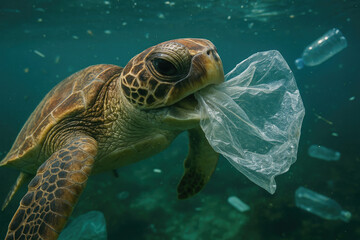 Juvenile sea turtle nibbling plastic bag mistaken for jellyfish close up underwater surrounded by litter blue green seawater editorial emotional impact high detail environmental issue