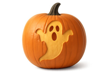 Pumpkin carved with a screaming ghost for halloween decoration, isolated on transparent background