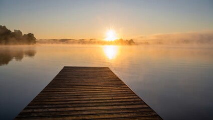 Fototapeta premium Wooden dock leading to a serene lake at sunrise with golden light and mist