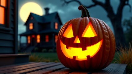 Obraz premium Glowing jack-o'-lantern on porch at halloween night