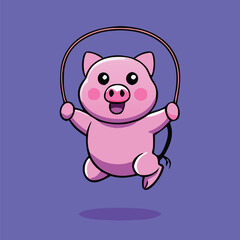 Fototapeta premium Cheerful cartoon piglet joyfully skips rope against a delightful periwinkle backdrop, creating fun vibes