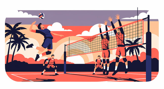 Beach volleyball players compete during a sunset match, showcasing dynamic action and athleticism.