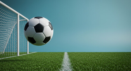 Obraz premium A soccer ball near a goal post on a green field against a light blue background in a stadium setting