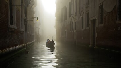 Lone cat wades through flooded alleyway in venice at dawn