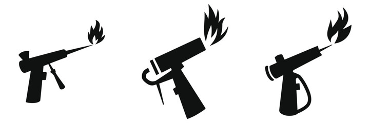 Set of Blowtorch Icons Vector Illustration – Black Silhouette Gas Torch with Flame, Industrial Welding Tools, Cooking Torch, Isolated on White Background, Editable Clipart