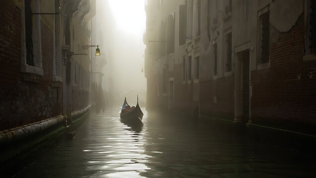 Lone cat wades through flooded alleyway in venice at dawn