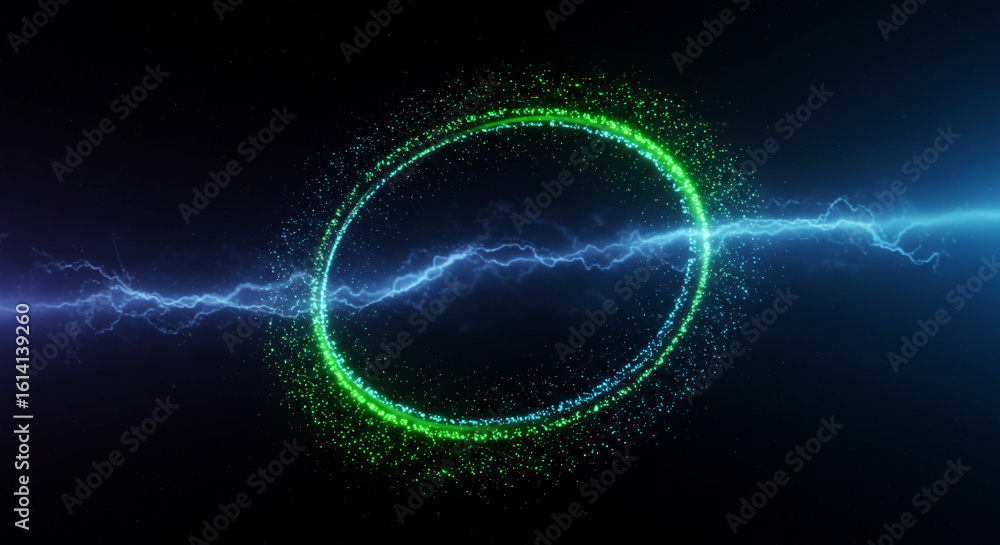 Poster a green circle with sparkling particles and blue lightning on a dark background creating energy effe