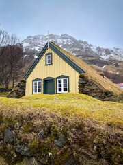 Hofskirkja Turf Church in Öræfi in Hof, Iceland. It is one of six remaining turf churches is the...