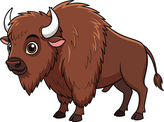 Cartoon Bison Standing – Brown Fur, White Horns, Big Eyes, Friendly Expression, Vector Wild Animal Icon for Nature and Wildlife Themes