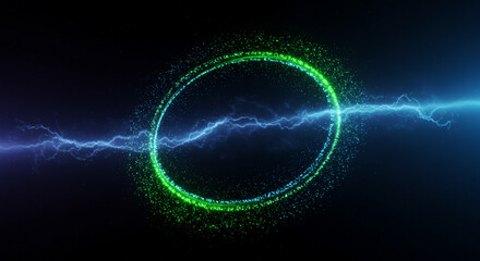 Obraz premium A green circle with sparkling particles and blue lightning on a dark background creating energy effect