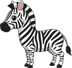 Cartoon zebra character, black and white stripes, standing pose, cad style drawing, cute animal vector, flat design illustration