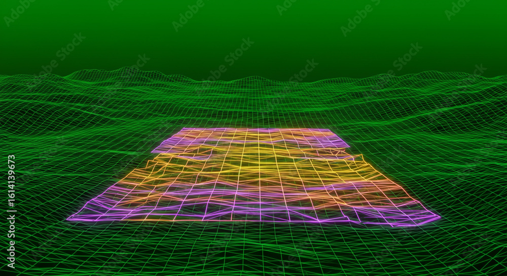 Poster a green wireframe landscape with a colorful grid platform in a digital abstract environment view