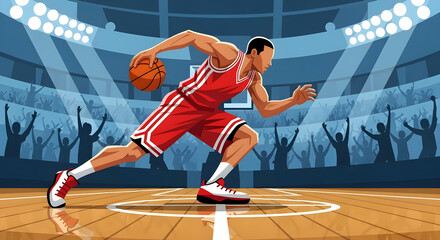Fototapeta premium A basketball player in red uniform dribbles the ball on the court, with a cheering crowd in the background.