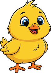 Cute cartoon chick, yellow baby bird, standing pose, blue eyes, orange feet, cheerful expression, flat vector animal drawing