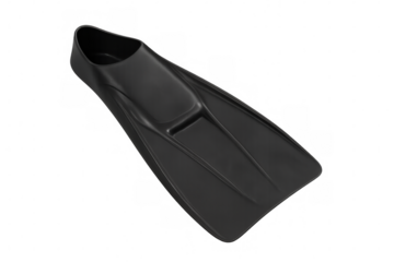 Black diving fins providing professional underwater equipment for marine activities, positioned against transparent backdrop