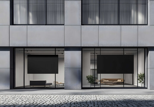 A minimalist gray stone facade of an office building with large windows showcasing modern furniture inside The focus is on the front wall featuring two rectangular st