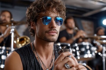 Musician performing on stage with band in modern venue during evening concert