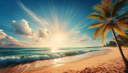 summer vibe an illustration showcasing a scenic beach panorama with sun palm trees and artistic textures perfect for evoking vacation feelings