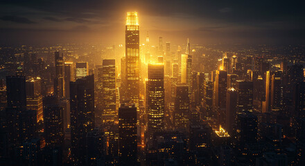 Fototapeta premium Aerial view of a city skyline at night with illuminated skyscrapers and a golden glow throughout the scene