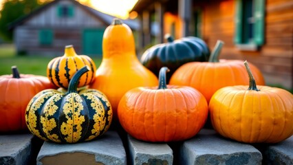 Fall harvest of pumpkins and gourds on farm